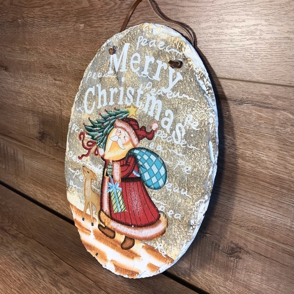Oval Slate Hand Painted Santa Christmas‎ Plaque Wall Decor Hanger Victorian - Picture 2 of 3